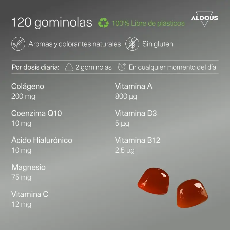 Aldous Bio Colágeno Hidrolizado Con Ácido Hialurónico, Coenzima Q10, Zinc Y Vitaminas, 120 gominolas - Image 3