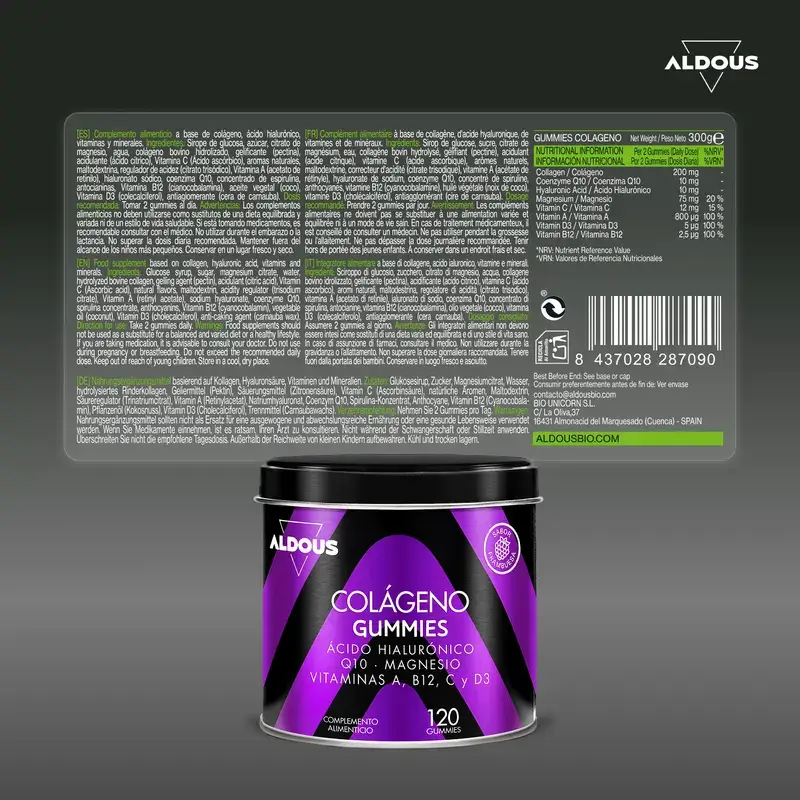 Aldous Bio Colágeno Hidrolizado Con Ácido Hialurónico, Coenzima Q10, Zinc Y Vitaminas, 120 gominolas - Image 6