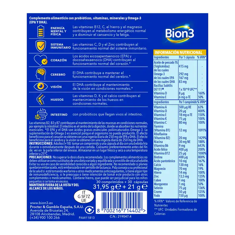 Bion3 Multi & Omega-3 Con Probióticos, 60 cápsulas - Image 3