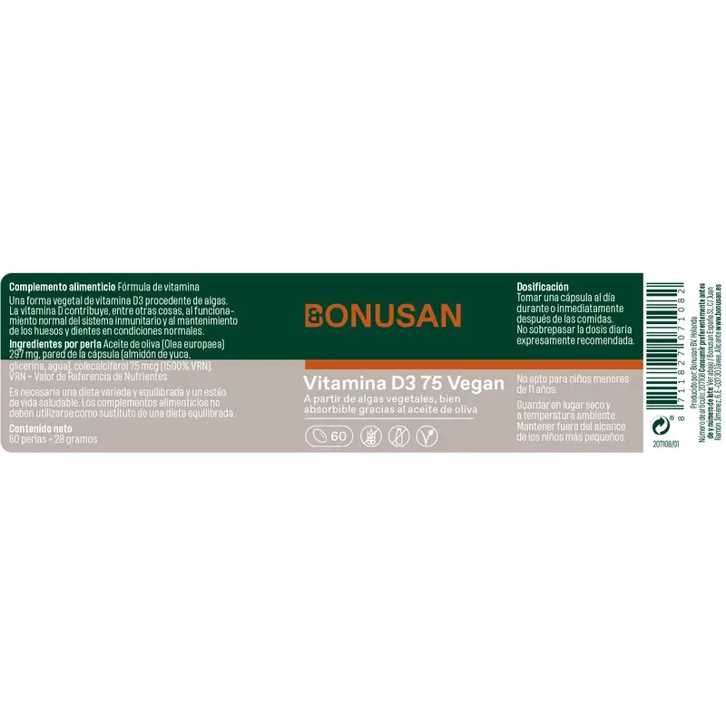 Bonusan Vitamina D3 75 Vegan, 60 perlas - Image 2