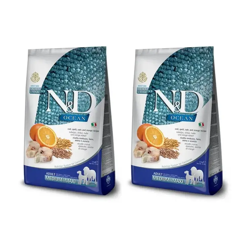 Farmina N&D Dog Ocean Low Grain Medium Maxi Bacalao 12Kg, Pienso Para Perros, Pack De 2