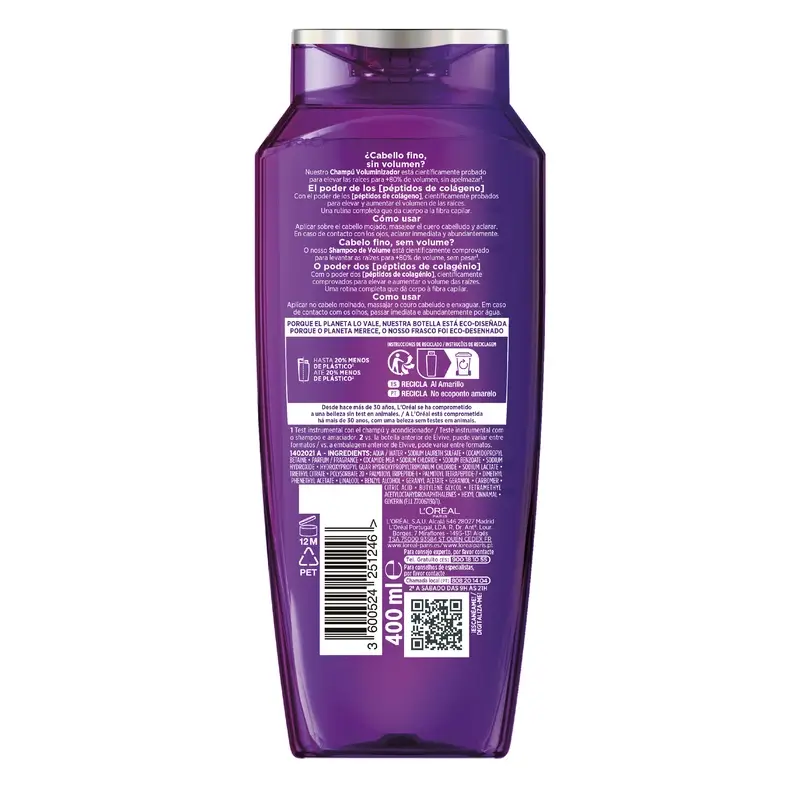 L'Oréal Paris Elvive, Champú Voluminizador Con Péptidos De Colágeno, 400 ml - Image 2