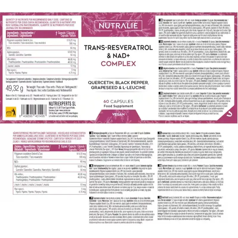 Nutralie Trans Resveratrol Y Nad+ Complex Con Quercetina + Piperina, 60 cápsulas - Image 4