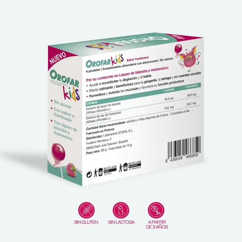 Orofar Kids Piruletas Para Picor De Garganta Sabor Frambuesa Sin Azúcar , 8 piruletas - Image 3