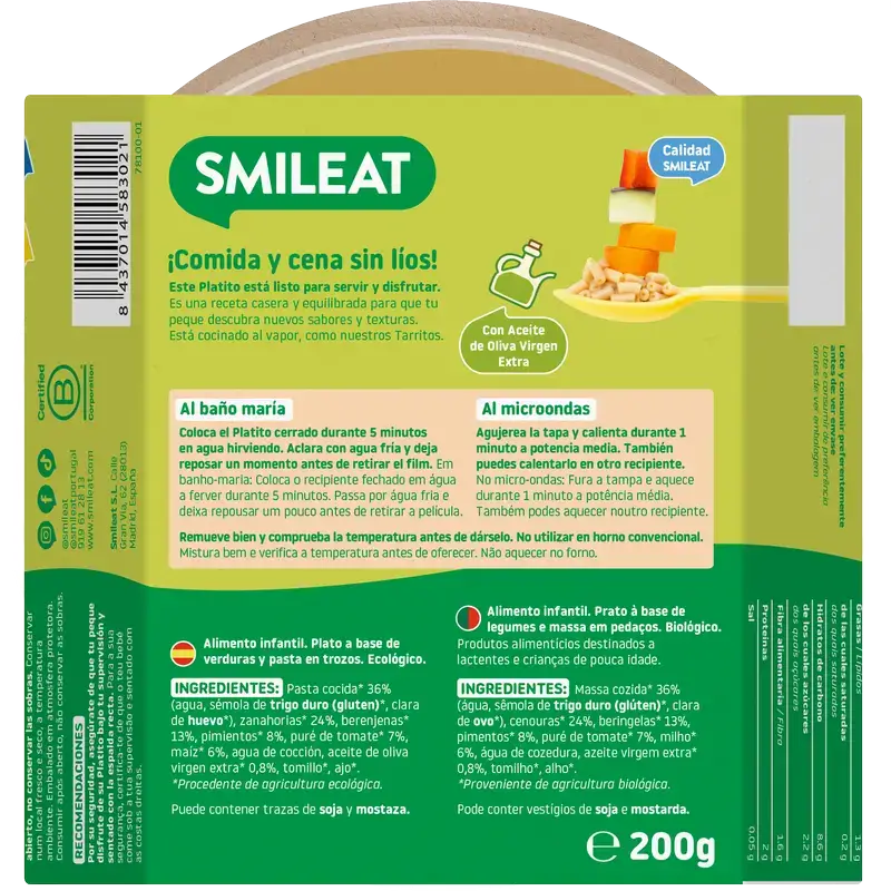 Smileat Platito Macarrones Con Verduras De La Huerta Eco, 200 gr - Image 2