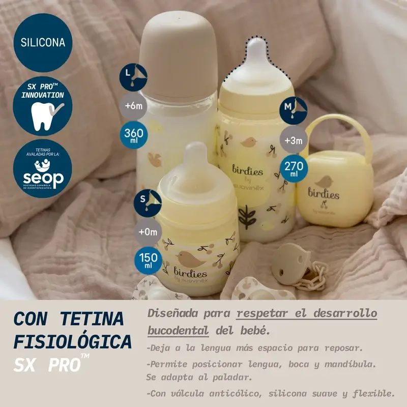 Suavinex Biberón Tetina Sx Pro Flujo Denso (L) +6 Meses Birdies Beige, 360 ml - Image 2