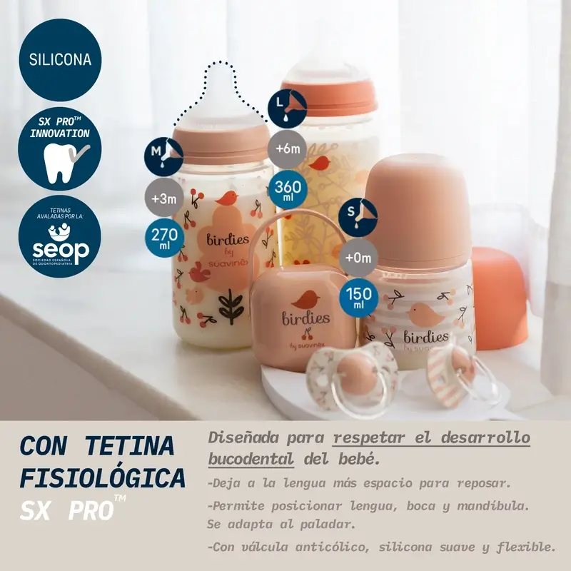 Suavinex Biberón Tetina Sx Pro Flujo Medio (M) +3 Meses Birdies Rosa, 270 ml - Image 3