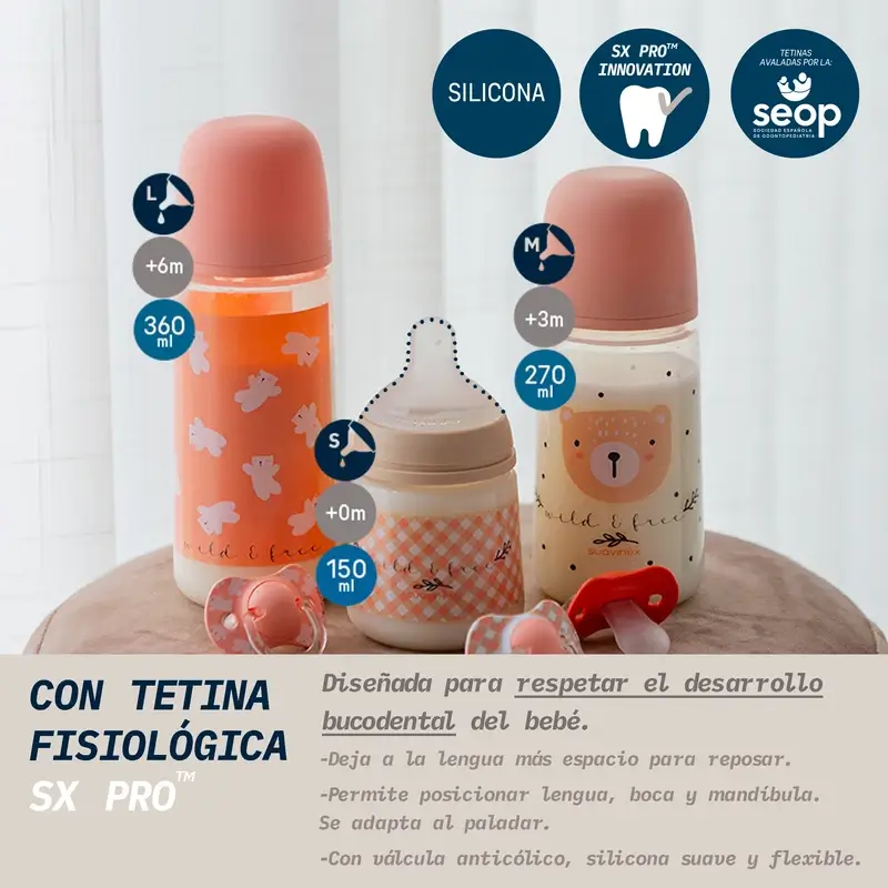 Suavinex Biberón Tetina Sx Pro Flujo Medio (M) +3 Meses Wild&Free Rosa, 270 ml - Image 3