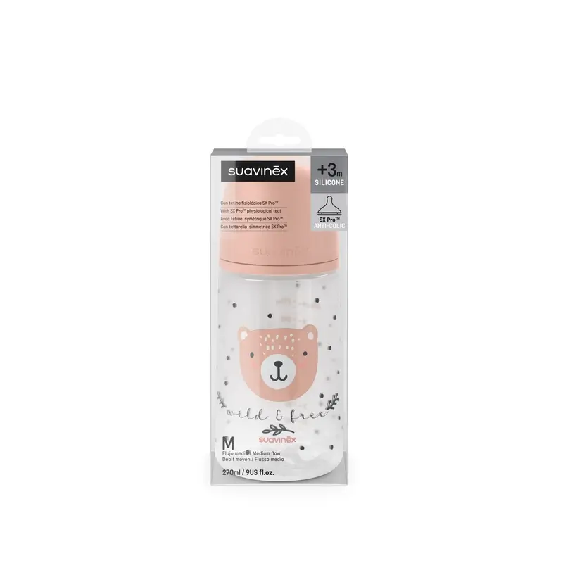 Suavinex Biberón Tetina Sx Pro Flujo Medio (M) +3 Meses Wild&Free Rosa, 270 ml - Image 6