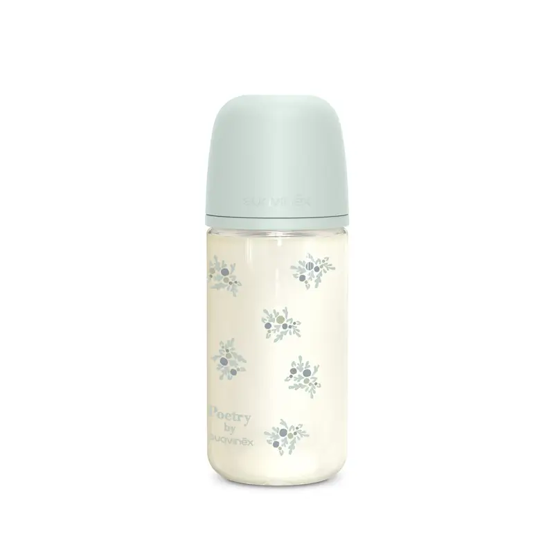 Suavinex Biberón Vidrio 240 Ml, Flujo Medio (M), +3 Meses, Poetry Azul