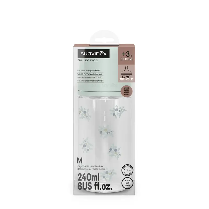 Suavinex Biberón Vidrio 240 Ml, Flujo Medio (M), +3 Meses, Poetry Azul - Image 3