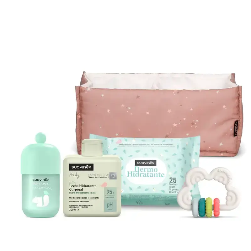 Suavinex Regalo Bebés Leche 300 Ml + Baby Cologne Memories 100 Ml + Toallitas + Mordedor, Rosa