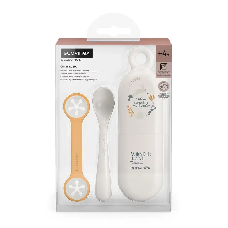 Suavinex Set Cuchara + Estuche Portacucharas + Sujeta-Baberos, +4 Meses, Wonderland Beige